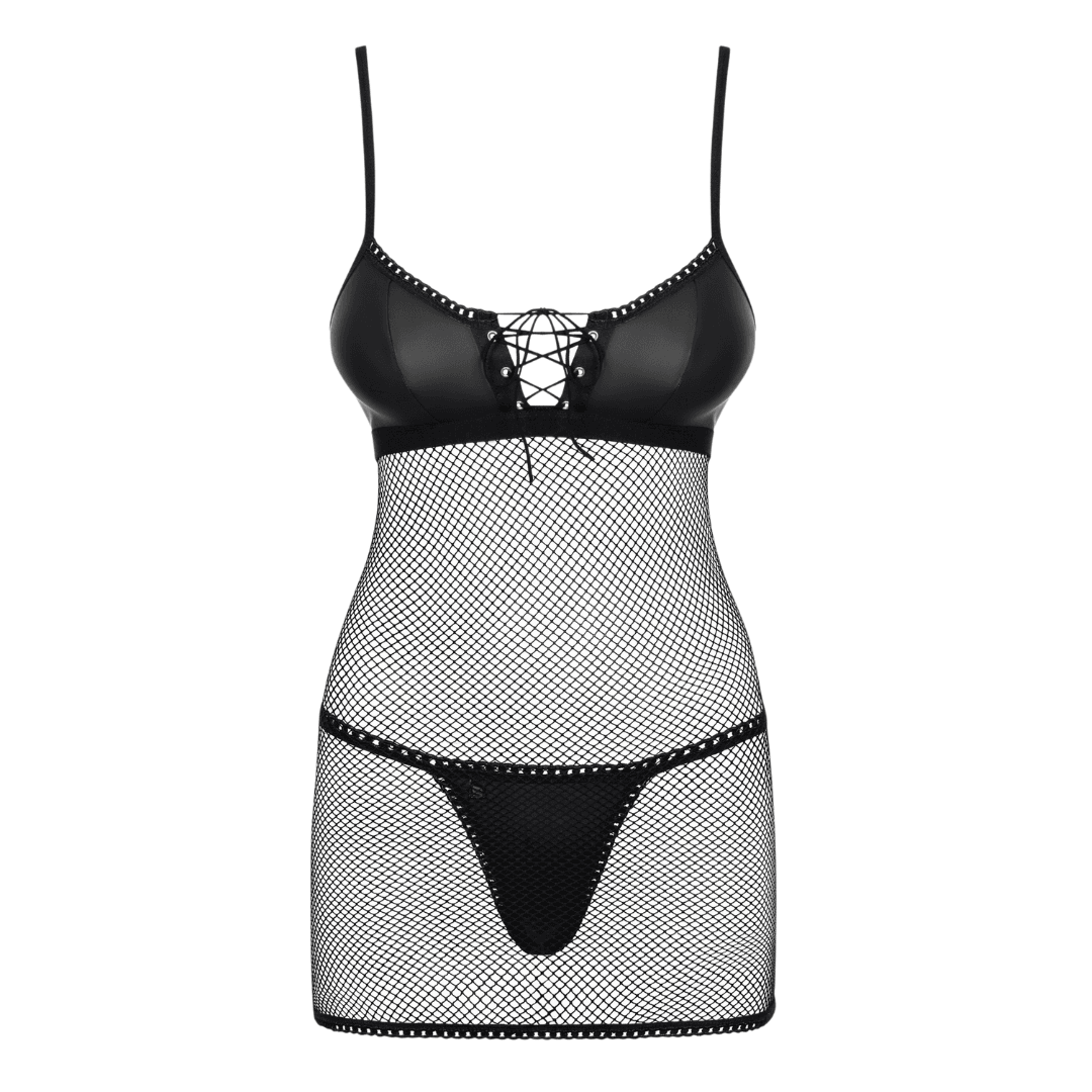 Obsessive - Redella chemise & thong 性感仿皮革網格情趣內衣套裝 - S/M/L/XL