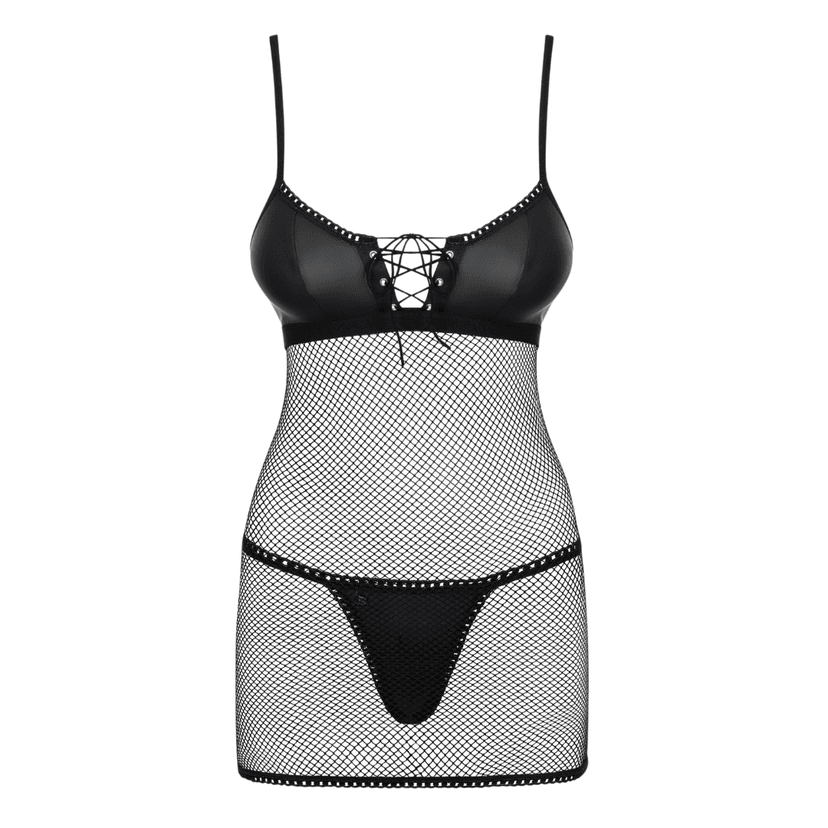 Obsessive - Redella chemise & thong 性感仿皮革網格情趣內衣套裝 - S/M/L/XL