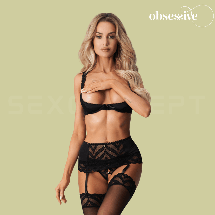 Obsessive - Lecille 葉紋露胸開襠3件內衣套裝 (S/M/L/XL)