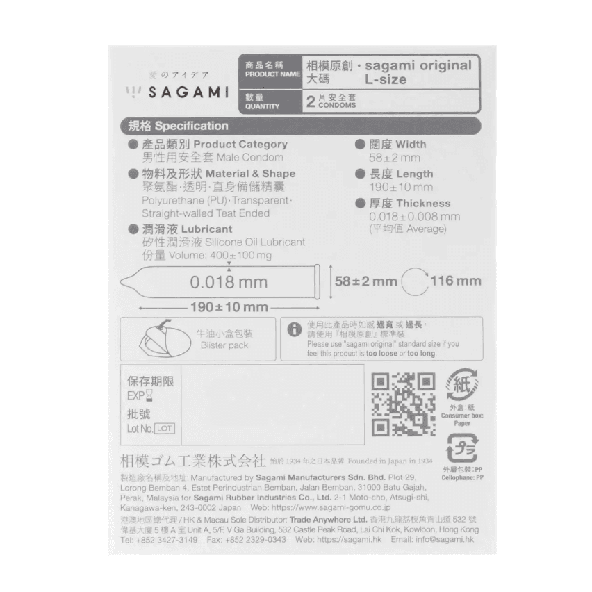 相模原創 0.01 大碼 58mm 2 片裝 PU 安全套